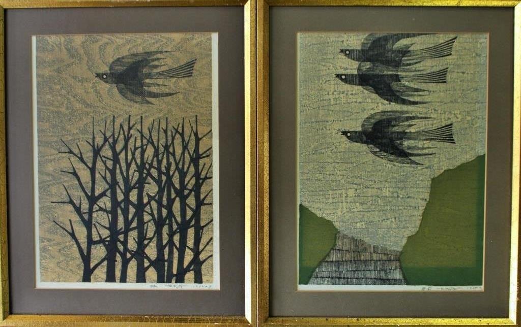 PAIR FUJITA FUMIO WOODBLOCK PRINTS BIRDS IN FLIGHT (1 of 5)
