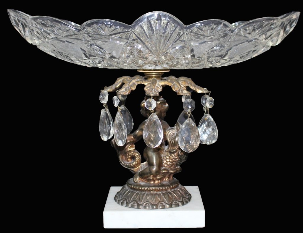 CUT GLASS CENTER PIECE SPELTER CHERUB RIDING FISH (1 of 3)