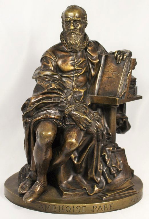 BRONZE "AMBROISE PARE" SUSSE FRERES: Bronze 'AMBROISE PARE" marked SUSSE FRES to back titled "AMBROISE PARE". Measures approx 10 1/2" high x 8" wide. Will ship for $50 U.S. plus insurance.