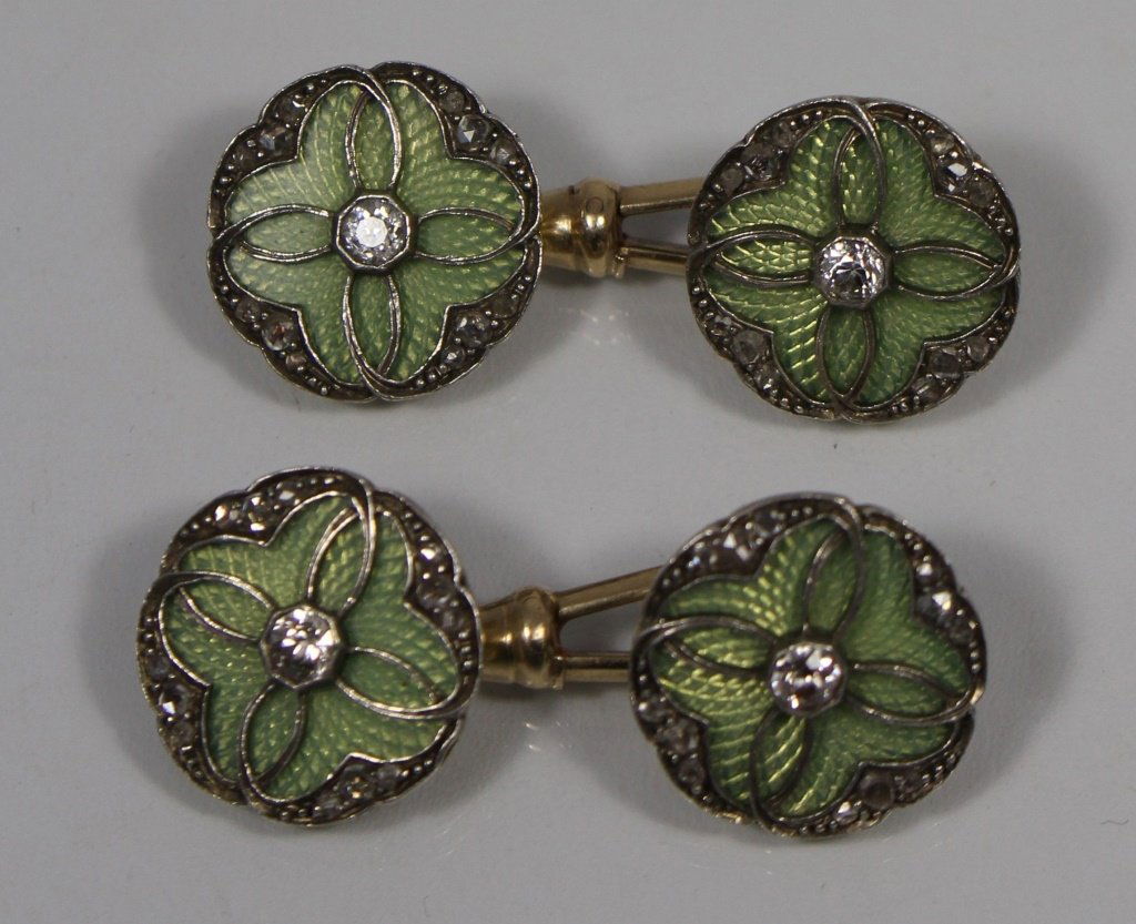 GEORGIAN 14KT GOLD ENAMELED CUFFLINKS W/ DIAMONDS (1 of 3)