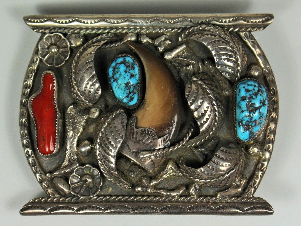 VINTAGE HEAVY NAVAJO JEWELED SILVER BELT BUCKLE (1 of 3)
