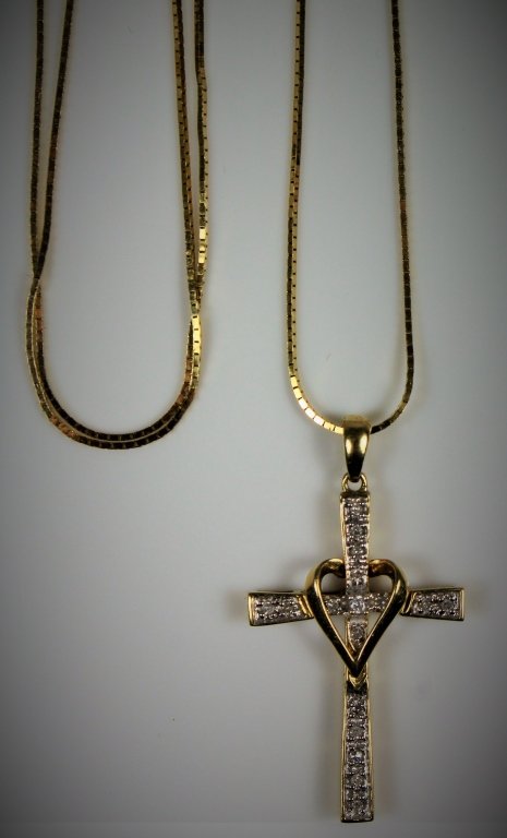 14KT YELLOW GOLD & DIAMOND CROSS & CHAIN (1 of 4)