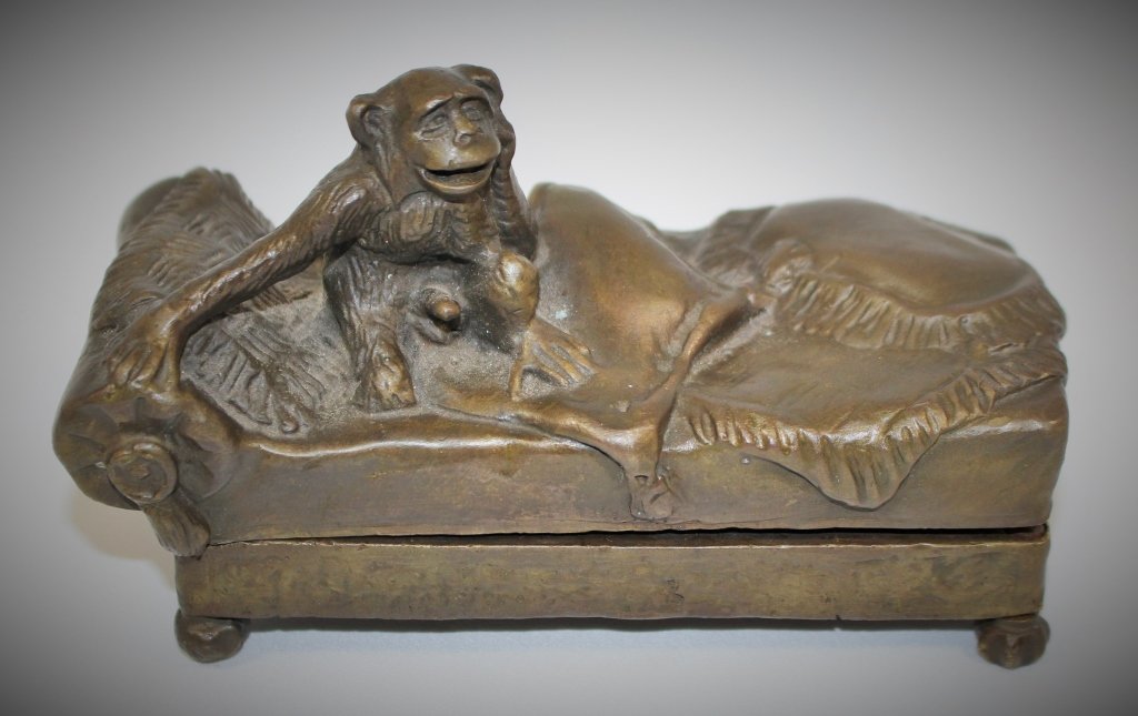 AFTER FRANZ BERGMAN EROTIC BRONZE "NAUGHTY MONKEY": After: Franz Bergmann Erotic Bronze. "Naughty Monkey". Stamped B to back. Measures approx 4" high x 5 1/2" long. Will ship for $40 U.S. plus insurance.