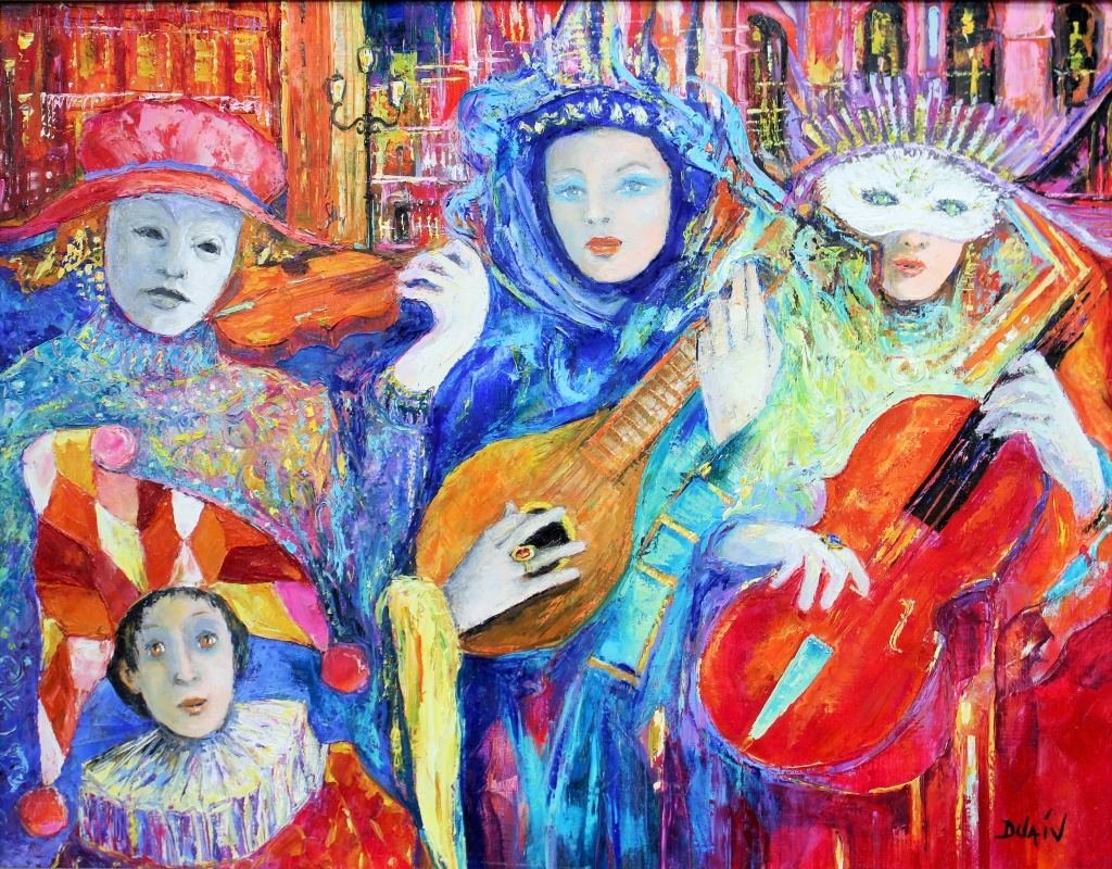 LARGE OIL ON CANVAS "VENICE CARNIVAL" SIGNED DUAIV (1 of 3)