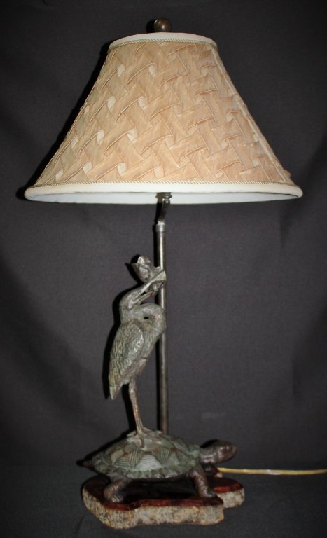 BRONZE CRANE AND TURTLE LAMP ON STONE BASE (1 of 3)