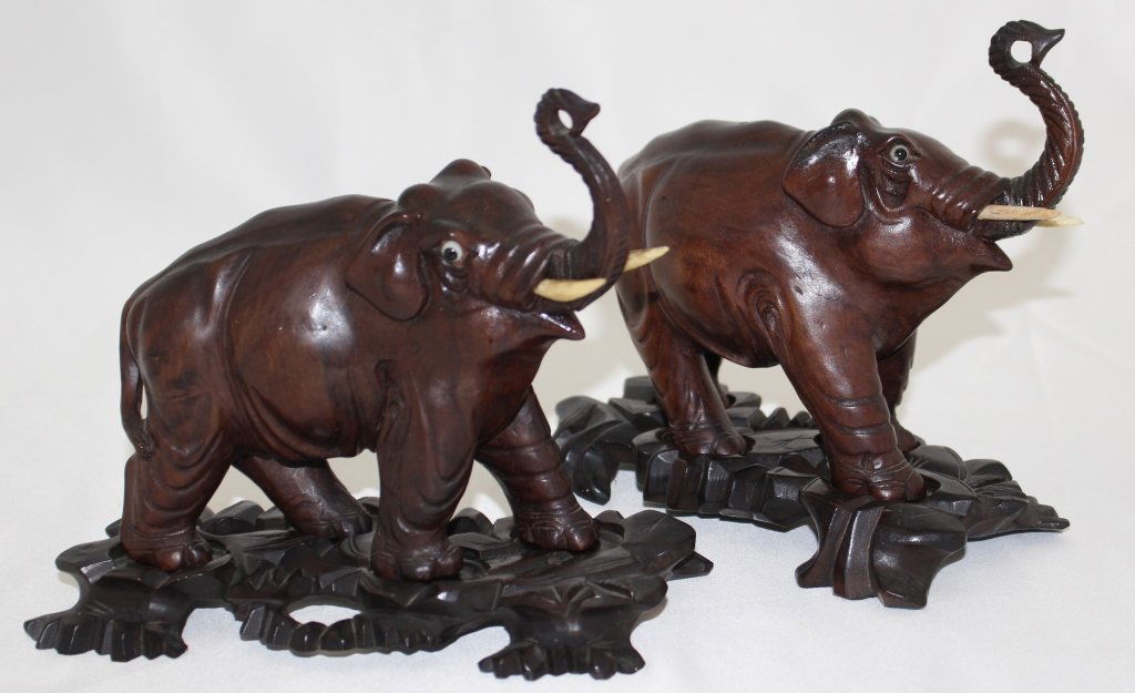 PAIR OF ROSEWOOD CARVED ELEPHANTS (1 of 3)