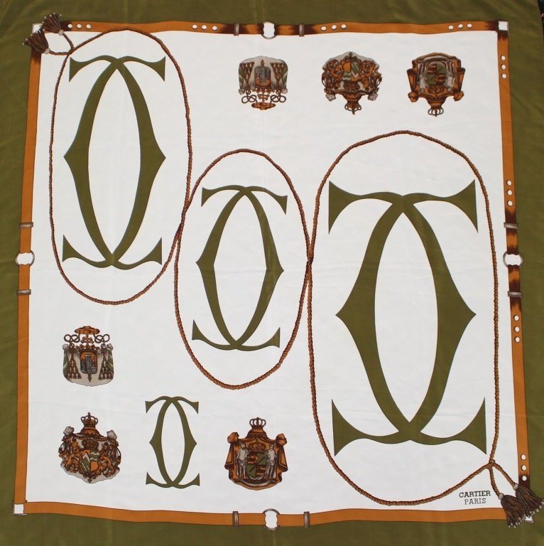 WOMANS CARTIER SILK SCARF: Vintage Cartier woman's silk scarf. Measures approx 33" x 34". Will ship for $20 U.S. plus insurance.
