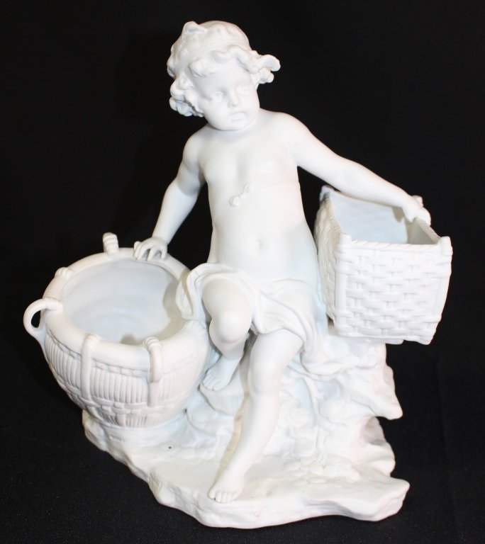 ANTIQUE PARIAN CHILD HOLDING A BASKET: Petals Inside, Bisque Porcelain, Nude Child, Antique Bisque, Bisque Parian Ware, Basket Figural, Double Flower. Measures approx 9 1/2 " tall x 8' wide. Will not ship can refer local shippers.