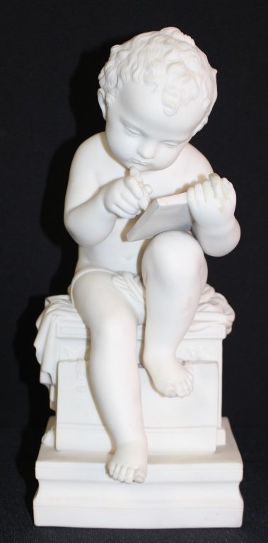 PARIAN CHERUB BUSY WRITING IN HIS BOOK: Parian , Ware, Antique Cherub busy writing in his book. Measures approx 13' tall x 5' wide. Will ship for $40 U.S. plus insurance.