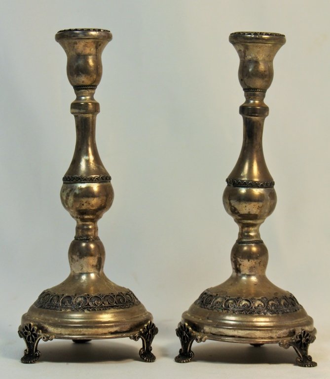 PAIR OF ANTIQUE FOOTED STERLING CANDLE STICKS (1 of 3)