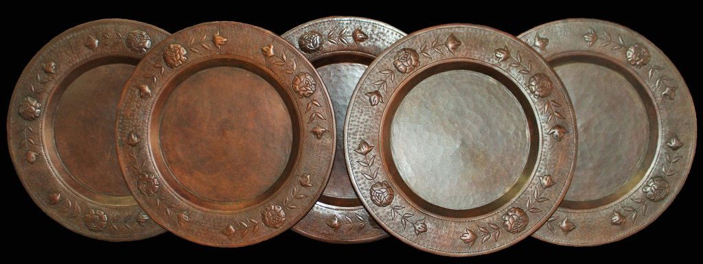 FIVE ROYCROFT ARTS & CRAFT COPPER FLORAL CHARGERS (1 of 3)
