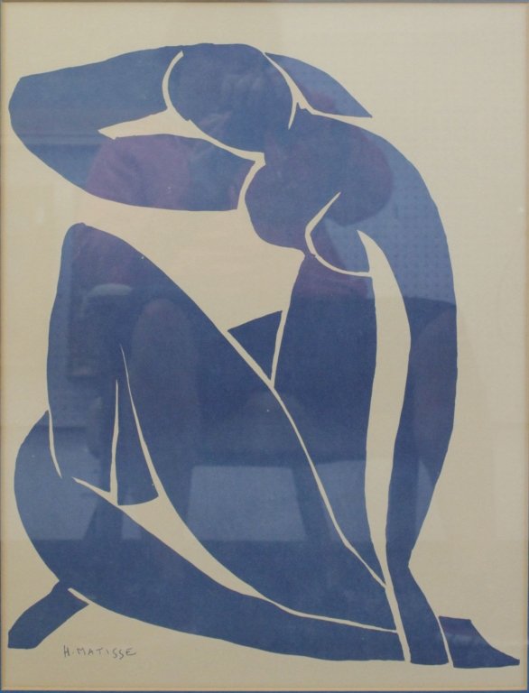 HENRY MATISSE LITHOGRAPH "BLUE NUDE": Henry Matisse lithograph titled "Blue nude" from the series of gouches decoupees executed in 1952 depicts a minimalist nude body of a woman in solid blue. Signed on the bottom "H.Matisse to the plate.