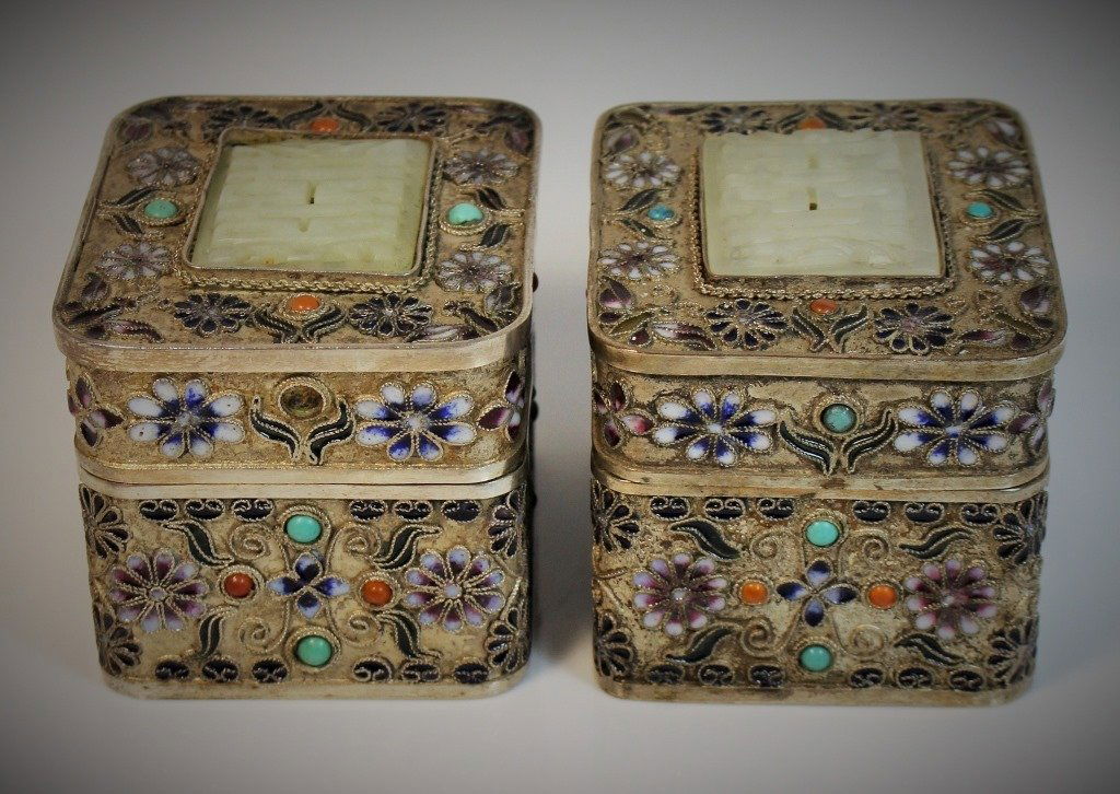 PAIR CHINESE SILVER ENAMELED BOX WITH JADE PLAQUE (1 of 7)