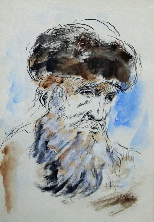 KUSHNER WATER COLOR AND INK OF A RUSSIAN ELDER (1 of 3)