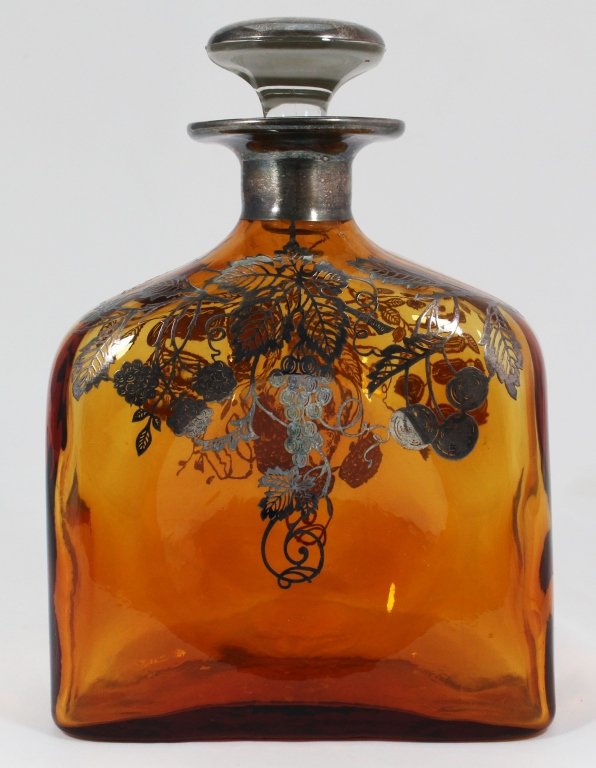SILVER OVERLAY AMBER CRYSTAL DECANTER WITH TOPPER