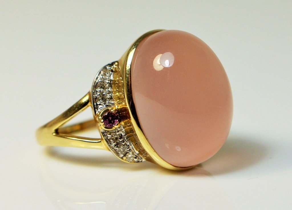 14KT GOLD CABOCHON ROSE QUARTZ DIAMOND RING (1 of 4)