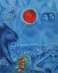 MARC CHAGALL ORIGNIAL LITHOTHGRAPH: Color lithograph 1977, signed in pencil to bottom right, numbered 61/150,published by CH. Sorlier Graveur on Arches. This piece is very extraordinary comes from ma prominent Boca Raton estate. Measure