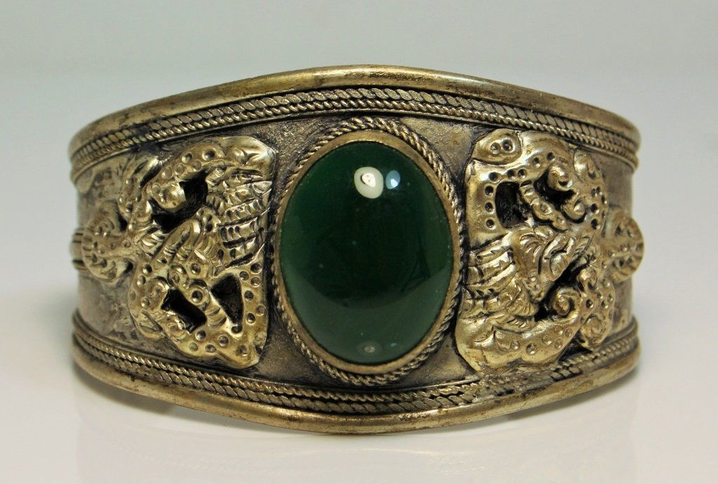 ANTIQUE JADE & SILVER HEAVY SNAKE BRACELET (1 of 4)