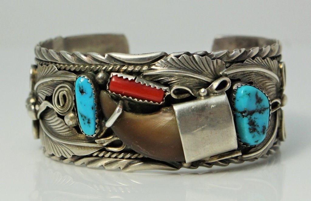 NAVAJO SIGNED THOMAS STERLING AND JEWELED BANGLE (1 of 4)