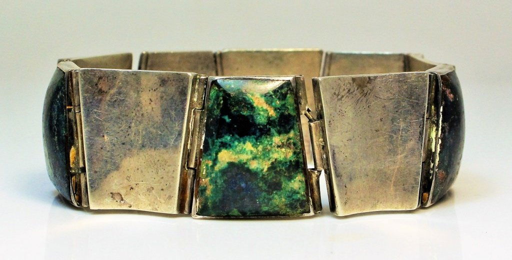 HEAVY VINTAGE MEXICAN SILVER & STONE BRACELET (1 of 4)