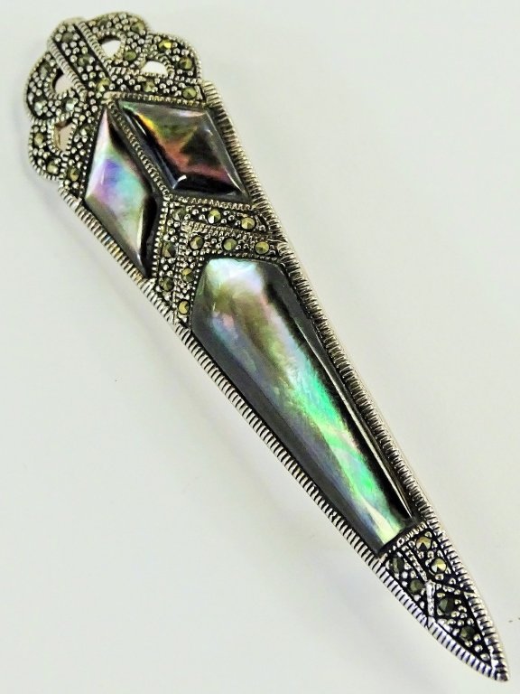 ANTIQUE STERLING ABALONE AND MARCASITE KILT PIN: 3" long total weight to be 12 grams, shipping $20 u.s. plus ins, we will combine shipping
