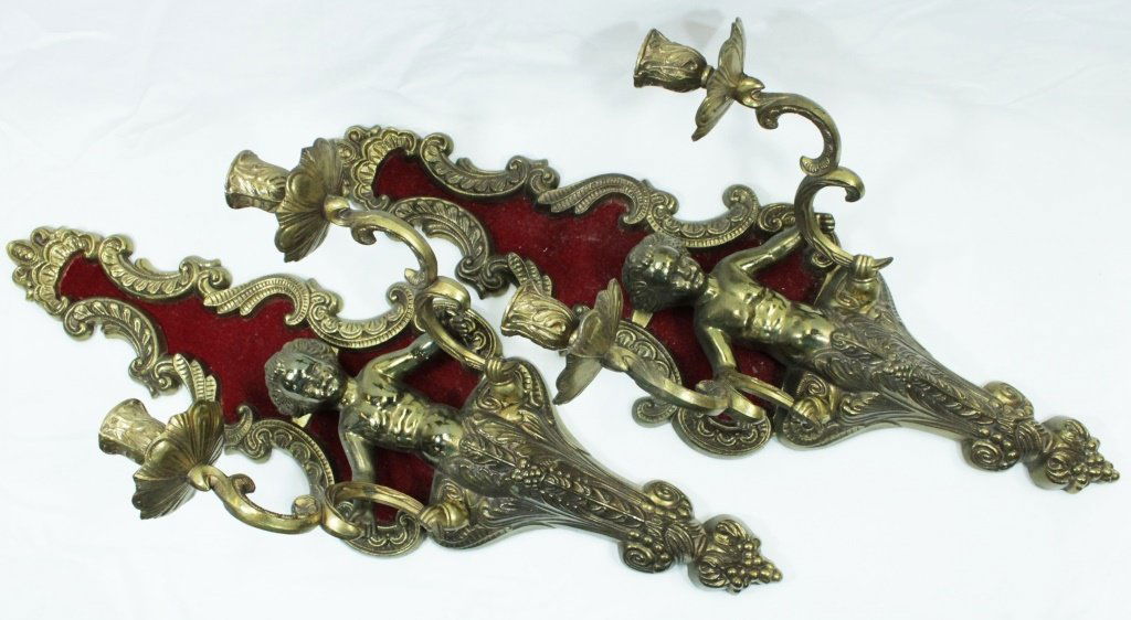PAIR OF CHERUB WALL SCONCES TWO ARMED CANDELABRA (1 of 3)