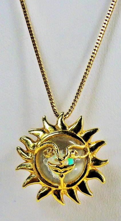 SIGNED 14KT GOLD & ROCK CRYSTAL SUN FACE NECKLACE (1 of 5)