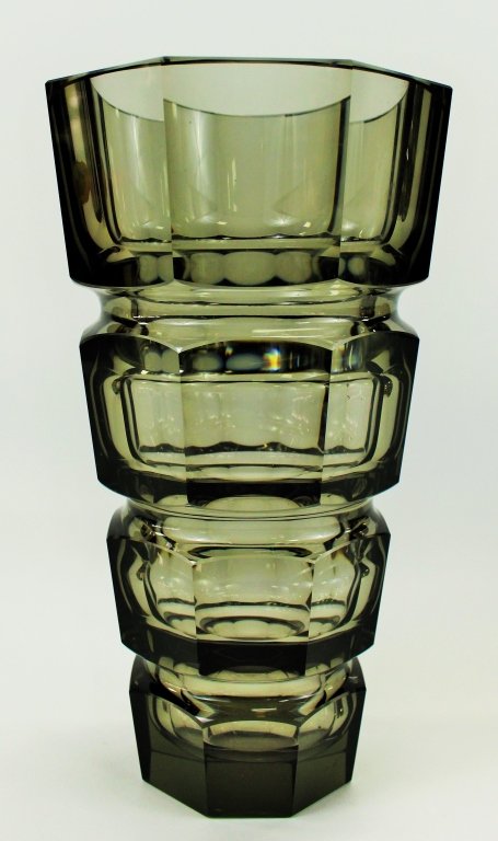 LARGE MOSER DECO SMOKED CUT GLASS VASE (1 of 2)