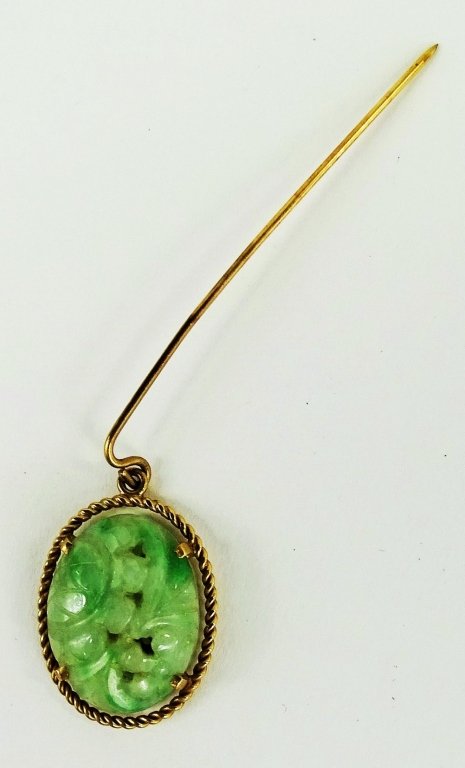 CHINESE ANTIQUE 14KT YG AND JADEITE STICK PIN: Dates to the turn of the century, with a total weight of 4.9grams, shipping $20 plus ins u.s. will combine with other jewelry