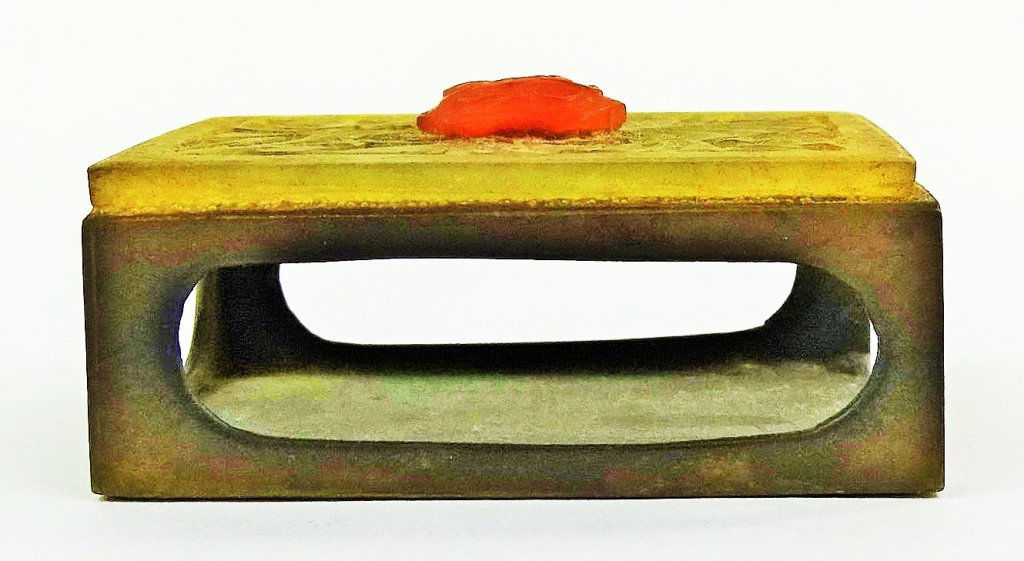 BRASS MATCHBOX HOLDER WITH CARVED JADE PLAQUE (1 of 3)