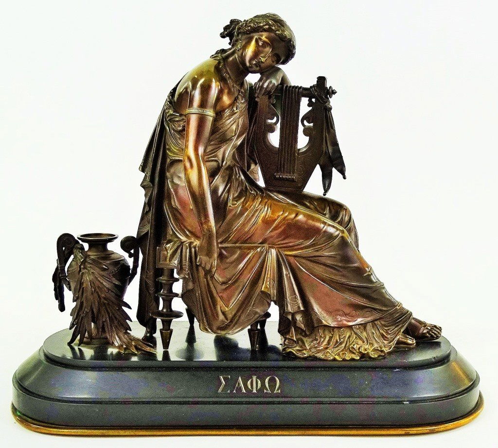 IMPRESSIVE SIGNED LAURENT BRONZE LADY W/ HARP (1 of 4)