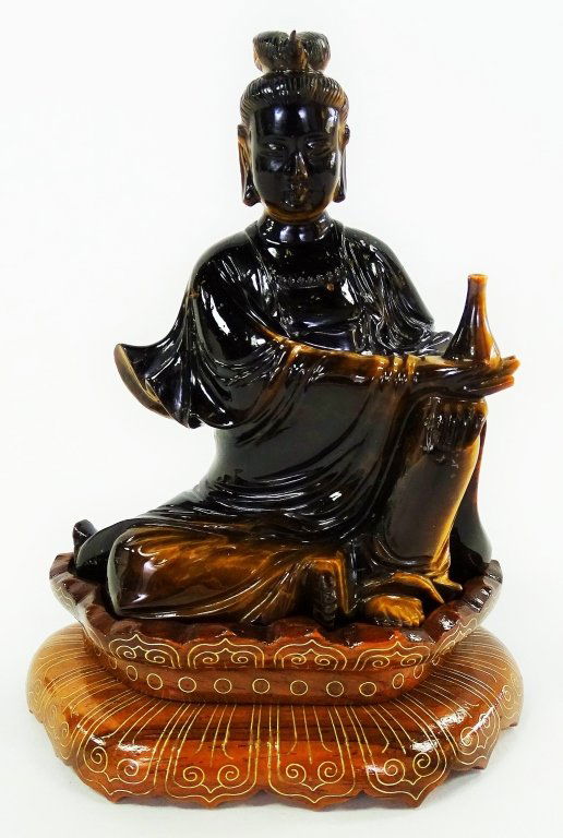 CHINESE CARVED TIGER EYE GUAN YIN FIGURINE W/ BASE (1 of 5)
