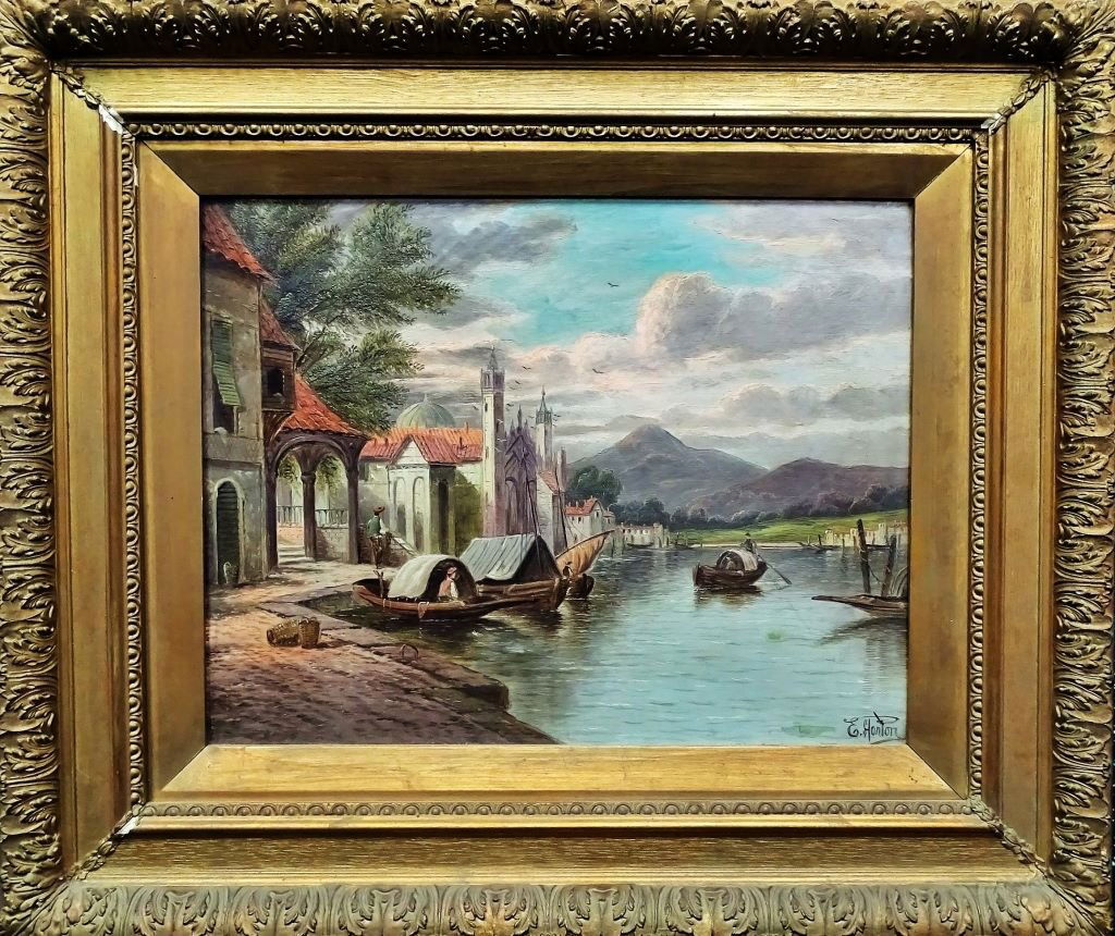 ETTY HORTON 1825-1905 OIL PAINTING ON CANVAS: Etty Horton was active/lived in United Kingdom. Etty Horton is known for painting. This beautiful painting depicts houses by the water painting is very detailed. Signed bottom right E.Horton. Measures