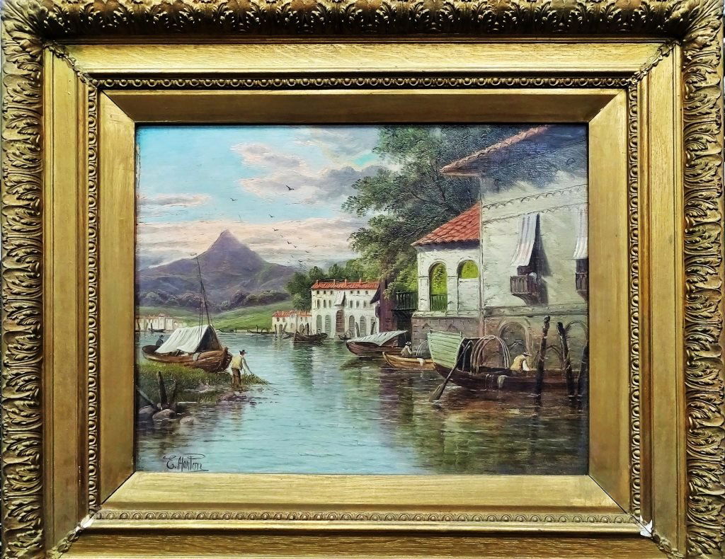 ETTY HORTON (1825-1905) OIL PAINTING ON CANVAS: Etty Horton oil on canvas of a fishing village this piece is very beautiful and full of detail the clouds blend so lovely. A fisherman throwing in the net to get dinner very lovely piece signed bottom