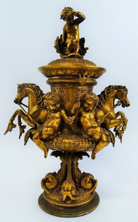 TALL SPELTER CHERUBS AND HORSE VASE (1 of 4)
