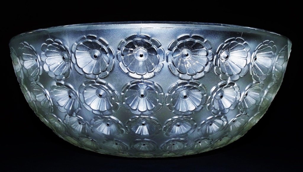 LALIQUE FRENCH CRYSTAL 'NEMOURS' BOWL: Nemours bowl is a magnified evocation of the poppy flower of which the town of Nemours has made poppy candy its specialty. Highlighted with hand applied black enamel dots, each flower exhibits grace a