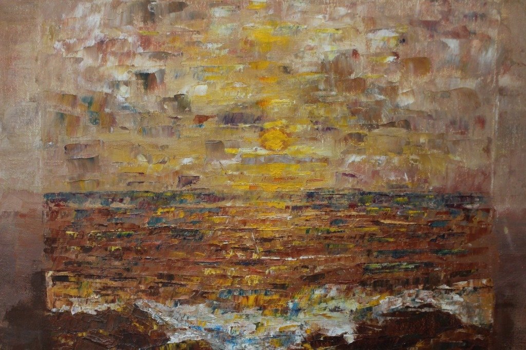 CYNTHIA KALLAN LISTED FLORIDA ARTIST OIL ON CANVAS: CYNTHIA KALLAN LISTED FLORIDA ARTIST OIL ON CANVAS Titled Sunset Measures 16" wide (46.64cm) x 14" tall (35.56cm). Signed lower right and verso comes with 1" original wooden frame. Will not ship can r