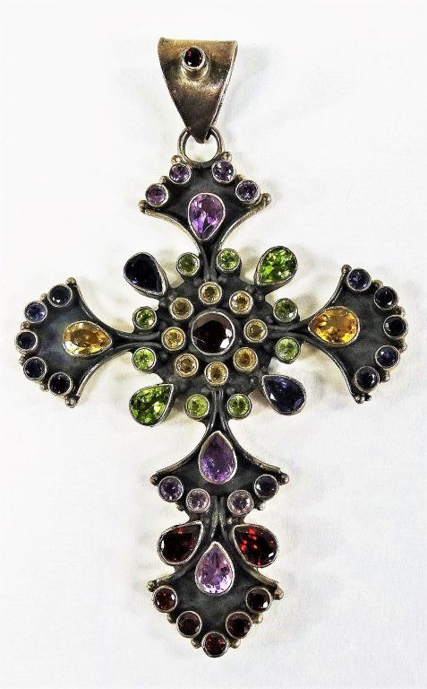 LARGE ANTIQUE STERLING CROSS PENDANT W GEMSTONES (1 of 2)