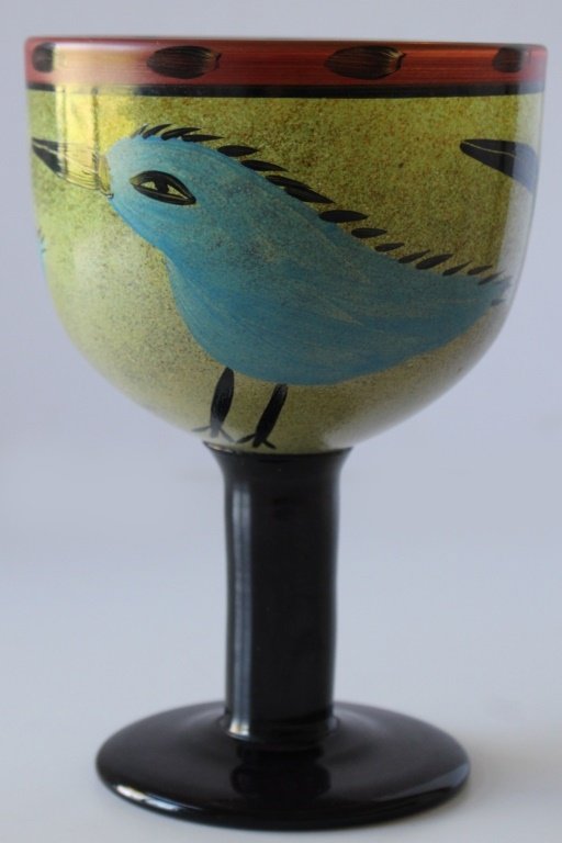 KOSTA BODA ULRIKA HYDMAN VALLIEN BLUE BIRD VASE: Ulrika Hydman Vallien signed Glaspokal. Kosta Boda. Märked Kosta Boda Artist Coll. Ulrica HW. Signed to the bottom of glass. From a prominent Miami Beach Estate. Measures 8 1/2" x 6". Will not ship c