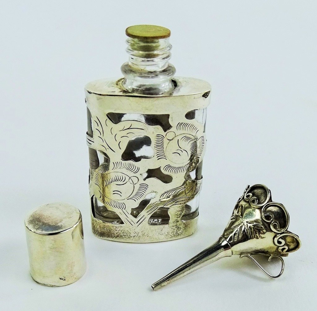 VINTAGE STERLING OVERLAY PERFUME BOTTLE W/ POURER (1 of 3)