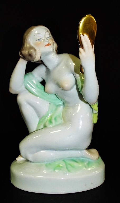 LARGE HEREND NUDE W/ MIRROR HAND PAINTED PORCELAIN: Blue mark to base. Measures 9" tall. In excellent condition. We will not ship, but can refer local shippers.