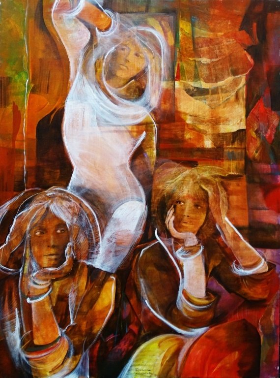 LARGE OIL ON CANVAS COLLAGE OF 3 BEAUTIFUL WOMAN (1 of 2)
