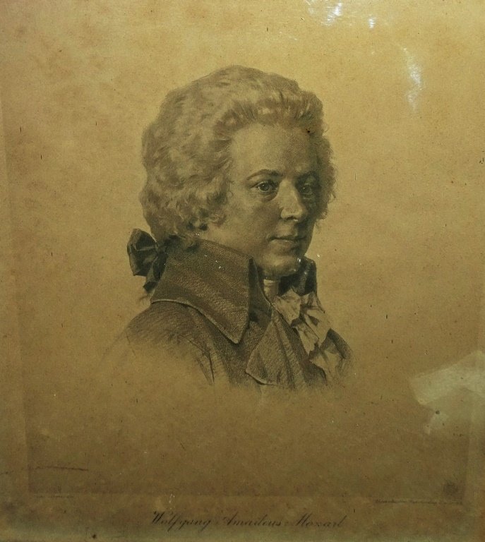 PRINT OF WOLFGANG AMADEUS MOZART: Wolfgang Amadeus Mozart bottom left publisher Julius Schmid. Measures approx 14 3/8" tall x 12 1/2 " wide. Will not ship can refer local shippers.