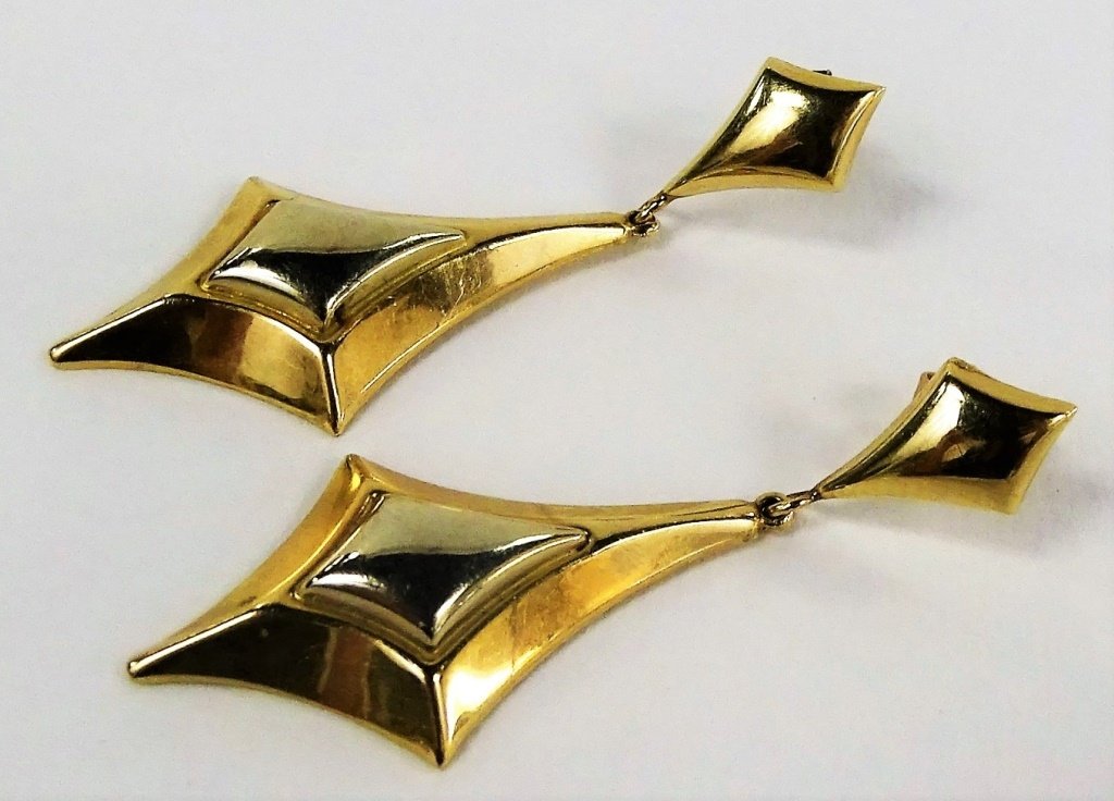 PAIR DECO STYLE 14KT TWO TONE DROP EARRINGS: Pair of deco style 14kt Yellow & White Gold Earrings with drop design. Friction backs. Total weight of 5.7 grams. Each measures approx. 1.75" in length. Shipping to be $20 + insurance in US.