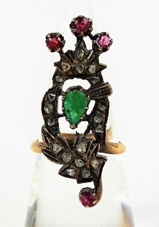 RARE GEORGIAN GOLD DIAMOND EMERALD RUBY RING (1 of 4)