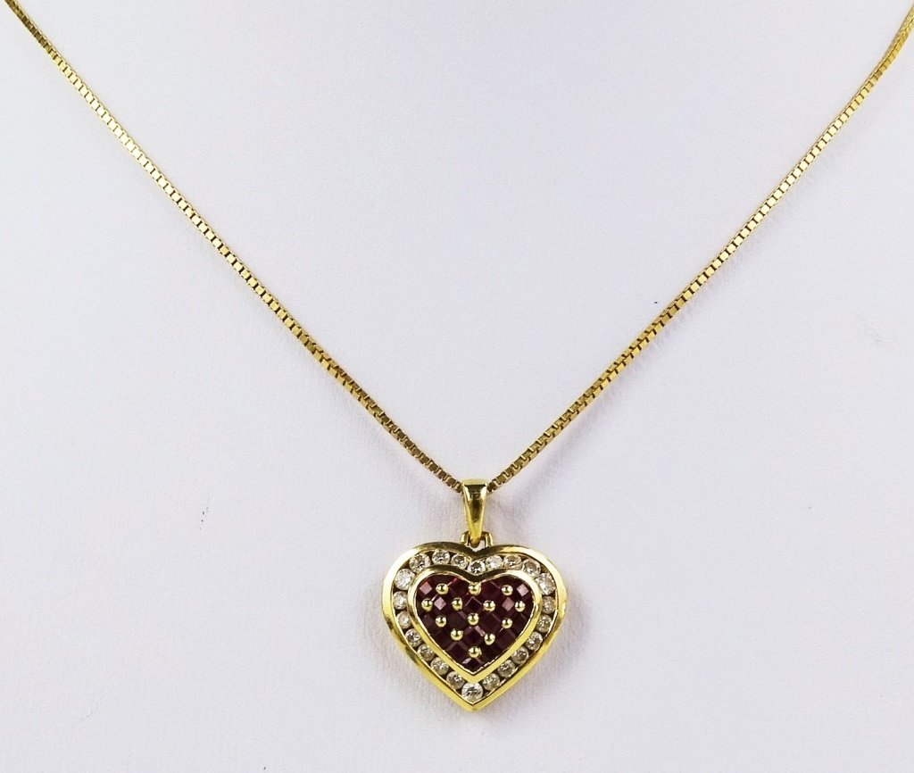 14KT GOLD RUBY & DIAMOND HEART PENDANT / NECKLACE (1 of 4)