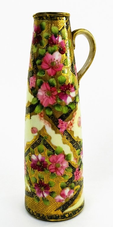 TALL PORCELAIN HAND PAINTED NIPPON VASE: Tall porcelain Nippon vase hand painted with floral design through out and gold gilt trimming very beautiful tall vase. Measures approx 11 1/2" tall. Will not ship can refer local shippers.