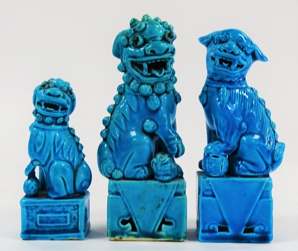 3PC LOT VINTAGE TURQUOISE BLUE GLAZED FOO DOGS (1 of 2)
