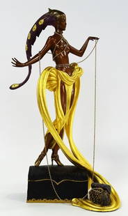 ERTE BRONZE SCULPTURE 'PLEASURE OF THE COURTESAN': Romain De Tirtoff, Erte (Russian/French, 1892 - 1990); A beautiful limited edition bronze sculpture by Erte titled 'Pleasure of the Courtesan' depicting a partially nude woman who is standing atop a t