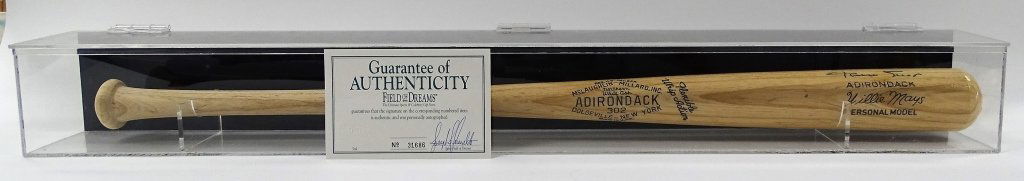 WILLIE MAYS HAND SIGNED AUTOGRAPHED BASEBALL BAT: Wood Adirondack 302 bat made from Northern White Ash. Marked Reg. U.S. Pat. Off. McLaughlin - Millard, INC. Dolgeville - New York Made in USA, Flexible Whip Action. Adirondack Willie Mays Personal Mod